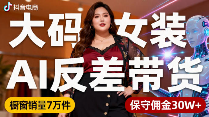 抖音小众赛道，大码女装AI反差带货，不用直播，每天6条作品，橱窗卖7万件，保守佣金30W+-共项网