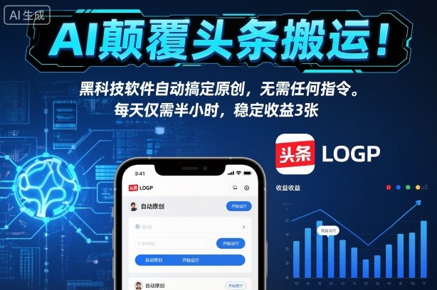 AI颠覆头条搬运！黑科技软件自动搞定原创，无需任何指令。每天仅需半小时，稳定收益3张【揭秘】-共项网