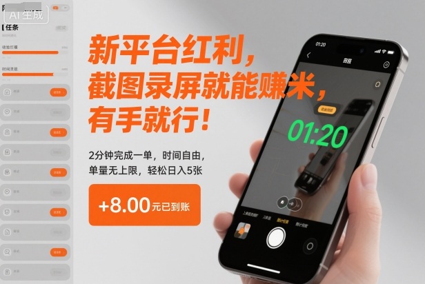 新平台红利，截图录屏就能賺米，有手就行！2分钟完成一单，时间自由，单量无上限，轻松日入5张【揭秘】-共项网