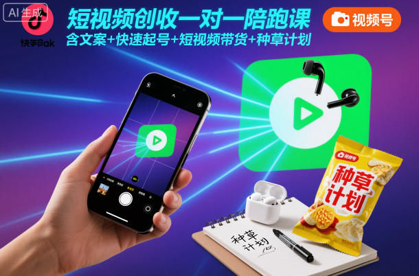 短视频创收一对一陪跑课，含文案+快速起号+短视频带货+种草计划-共项网