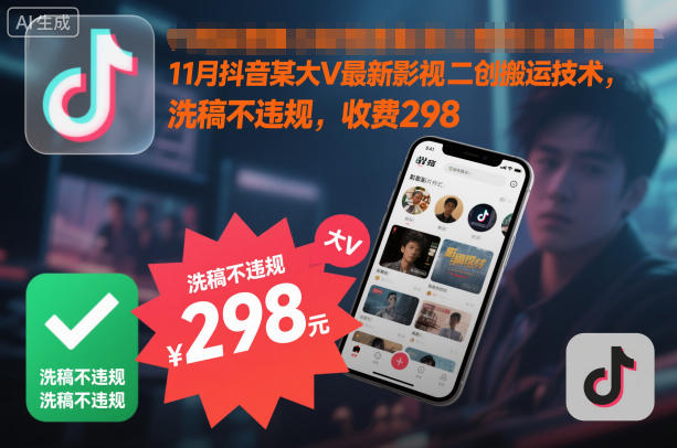 11月抖音某大V最新影视二创搬运技术，洗稿不违规，收费298-共项网
