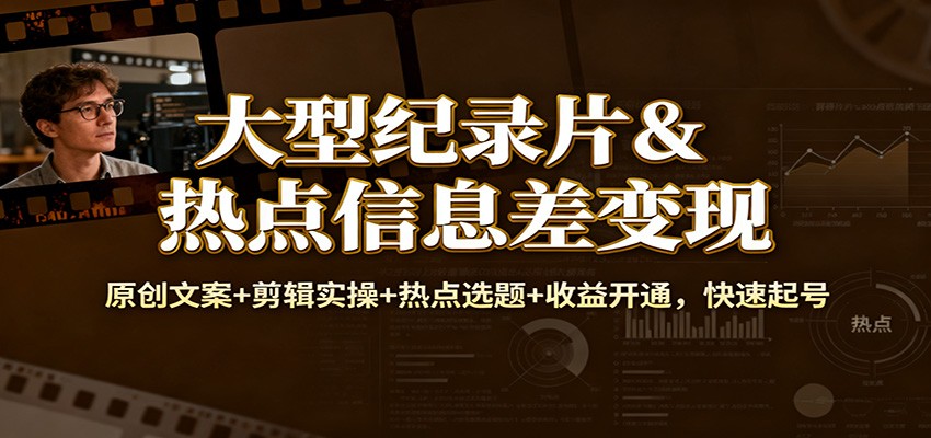 大型纪录片&热点信息差变现：原创文案+剪辑实操+热点选题+收益开通，快速起号-共项网