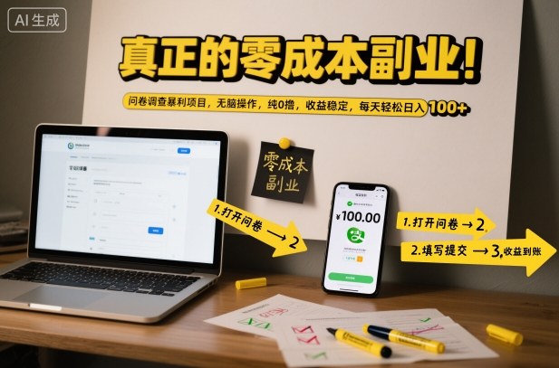 真正的零成本副业！问卷调查暴利项目，无脑操作，纯0撸，收益稳定，每天轻松日入100+【揭秘】-共项网