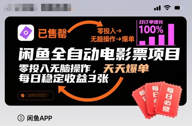 闲鱼全自动电影票项目，零投入无脑操作，天天爆单，每日稳定收益3张【揭秘】-共项网
