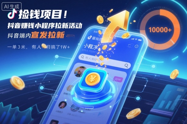 捡钱项目！抖音賺钱小程序拉新活动，抖音端内宣发拉新，一单3米，有人半个月搞了1W+-共项网