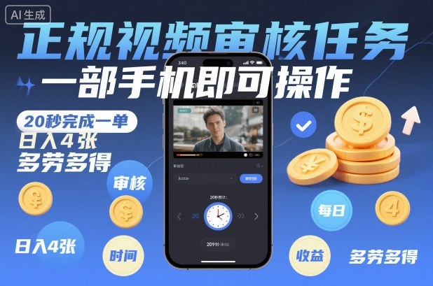 正规视频审核任务，一部手机即可操作，20秒完成一单，日入4张，多劳多得【揭秘】-共项网