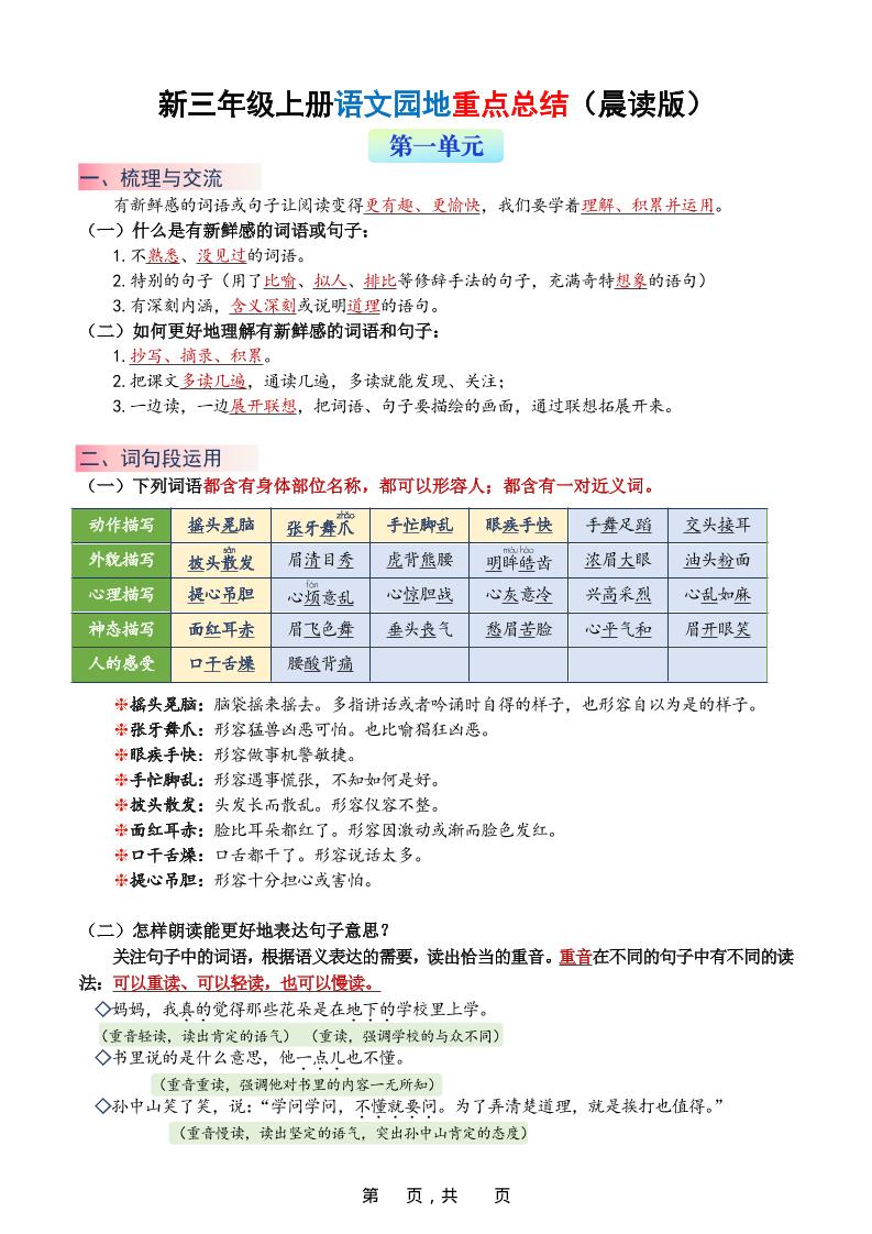 新三上语文1-8单元语文园地重点总结（晨读晚练）20页-共项网