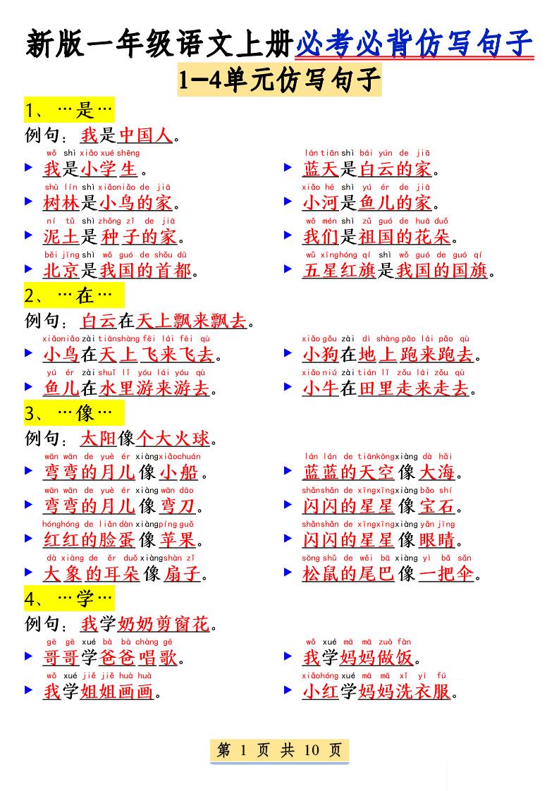 新一上语文必考必背仿写句子(含仿写练习10页)-共项网