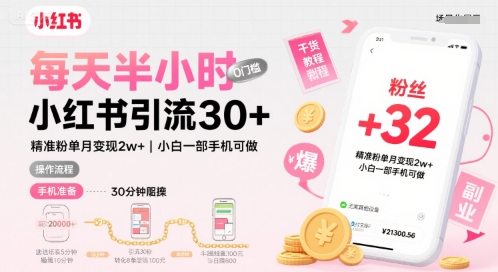 每天半小时小红书引流30+，精准粉单月变现2w+，小白新手一部手机可做，今天5分钟硬核实操-共项网