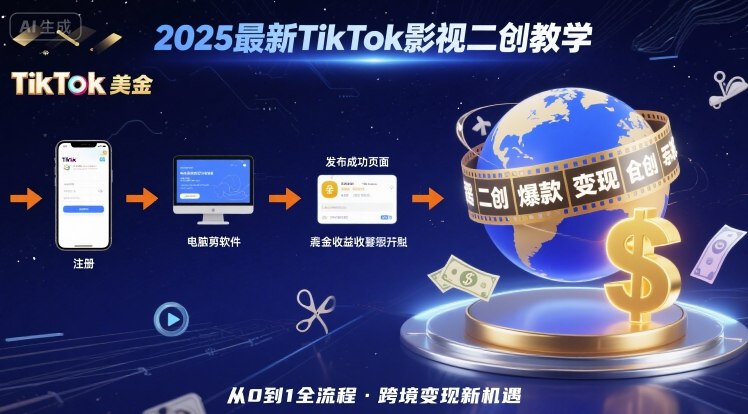 2025年最新TikTok影视二创教学，从注册到发布撸美金全流程，跨境变现新机遇-共项网