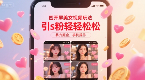 四开屏美女视频玩法，引s粉轻轻松松，暴力掘金，手机操作【揭秘】-共项网