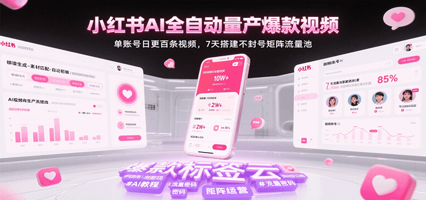 小红书AI全自动量产爆款视频，单账号日更百条视频，7天搭建不封号矩阵流量池（更新）-共项网