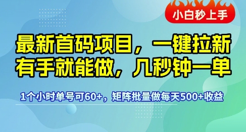 最新首码项目，一键拉新有手就能做，几秒钟一单，1个小时单号可60+，矩阵批量做每天5张【揭秘】-共项网