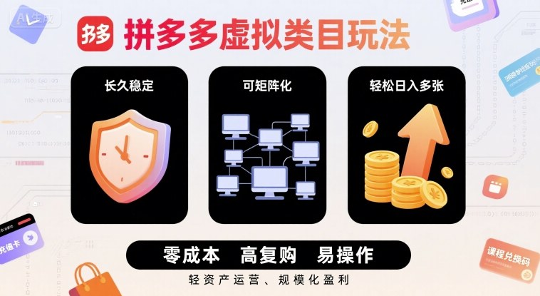 拼多多虚拟类目玩法，长久稳定，可矩阵化，轻松日入多张-共项网