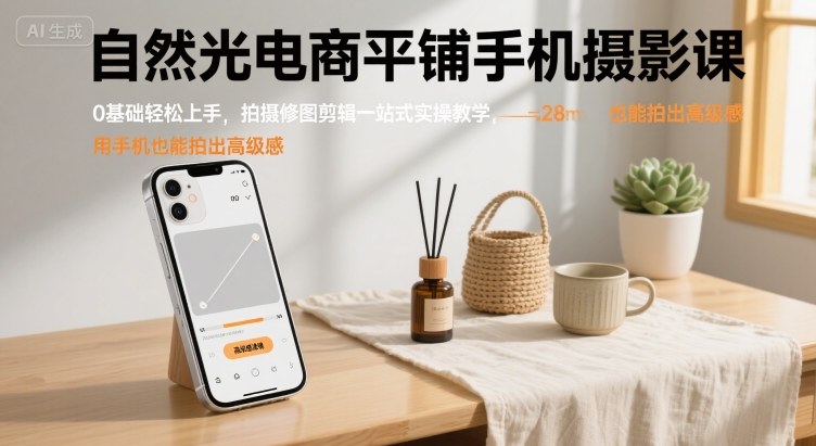 自然光电商平铺手机摄影课，0基础轻松上手，拍摄修图剪辑一站式实操教学，用手机也能拍出高级感-共项网