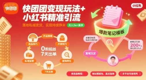 快团团变现玩法+小红书精准引流技巧，助你真正落地私域卖货，实现持续挣米-共项网