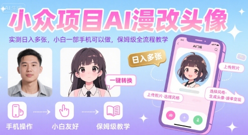 小众项目AI漫改头像，实测日入多张，小白一部手机可以做，保姆级全流程教学-共项网