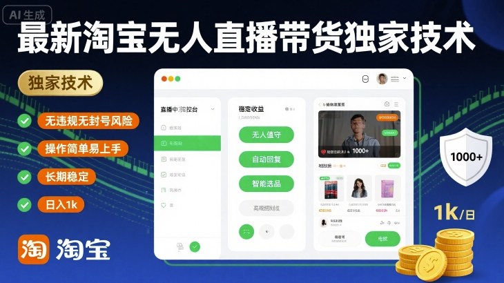 最新淘宝无人直播带货独家技术，无违规无封号风险，操作简单易上手，长期稳定日入1k【揭秘】-共项网