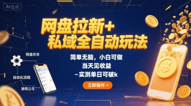 网盘拉新+私域全自动玩法，简单无脑，小白可做，当天见收益，实测单日可破k-共项网