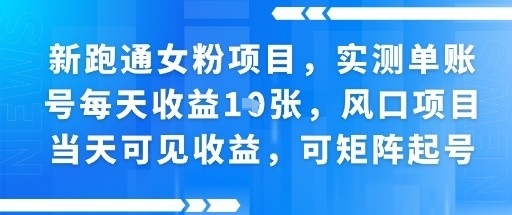 新跑通女粉项目，实测单账号每天收益多张，风口项目当天可见收益，可矩阵起号-共项网