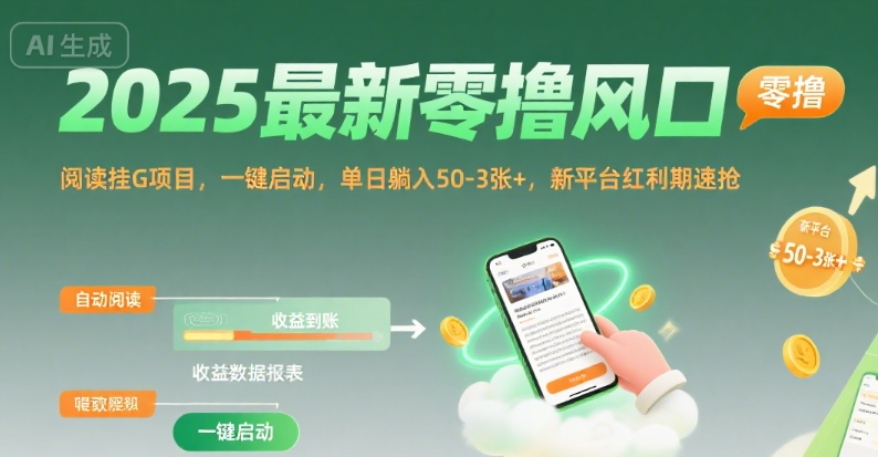 2025最新零撸风口，阅读挂G项目，一键启动，单日躺入 50-3张+，新平台红利期速抢【揭秘】-共项网