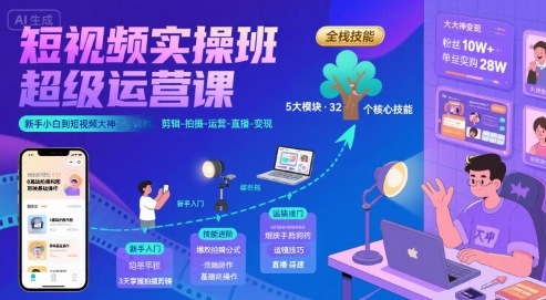短视频实操班超级运营课，新手小白到短视频大神必修课程，剪辑-拍摄-运营-直播-变现-共项网