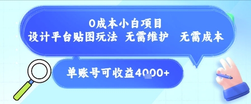 0成本小白项目，设计平台贴图玩法，无需维护，无需成本，单账号单月可产生收益4k+-共项网
